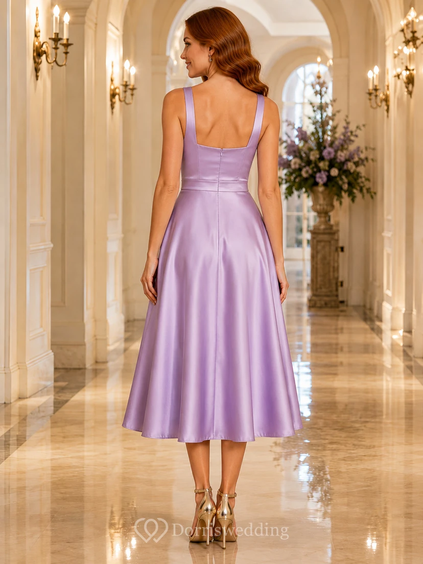 Lavender Square Neck Satin A Line Midi Guest Dress view 2