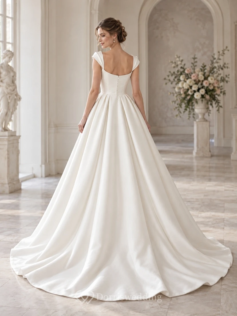 Vestido de novia sencillo de satén plisado con escote cuadrado, mangas cortas y cola de capilla view 2
