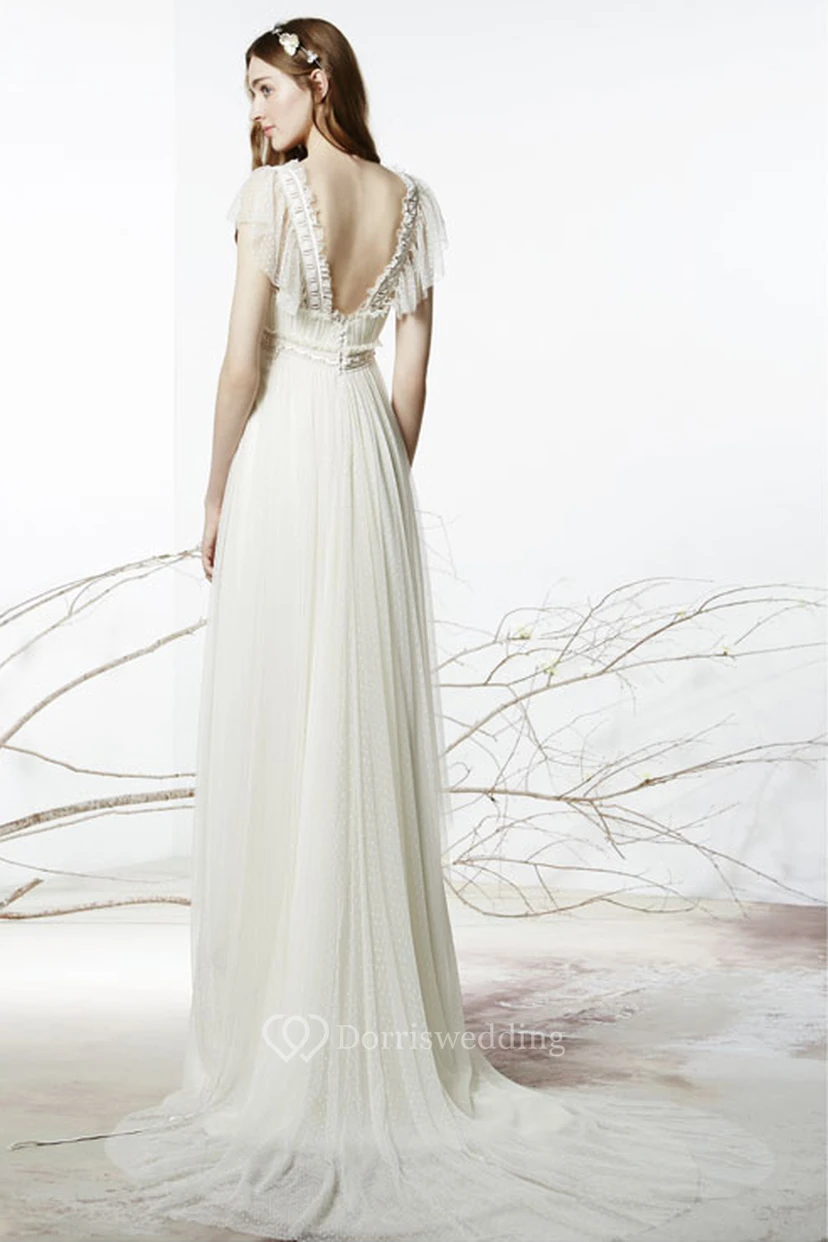 Sheath Floor-Length Square Neck Poet Sleeve Empire Tulle Wedding Dress view 2