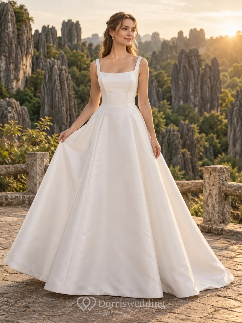 Vestido de novia sencillo de corte A con escote cuadrado, sin mangas y corpiño liso