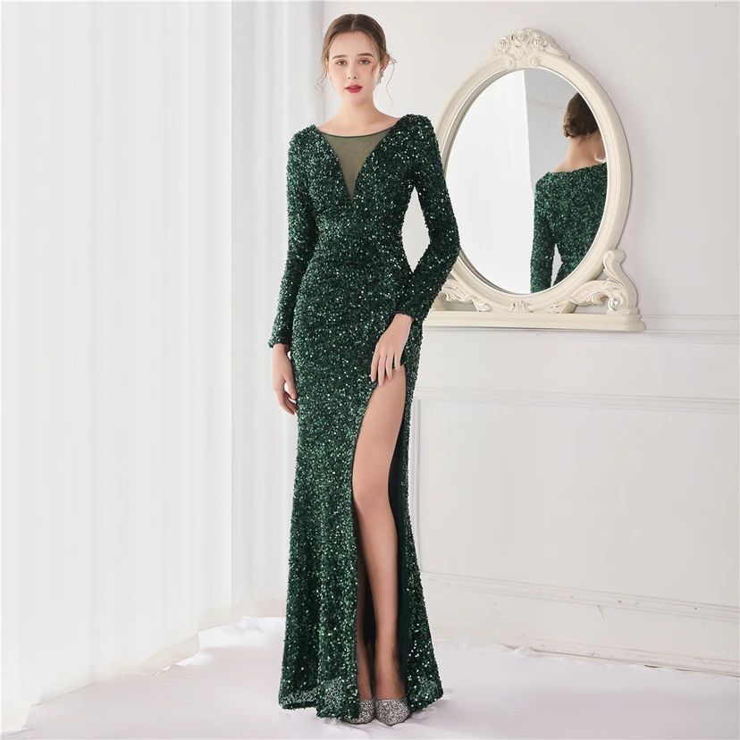 Elegantes, langes Paillettenkleid mit langen Ärmeln und Meerjungfrauenschnitt – ein Abendkleid im Aura-Queen-Stil für festliche Anlässe. view 21