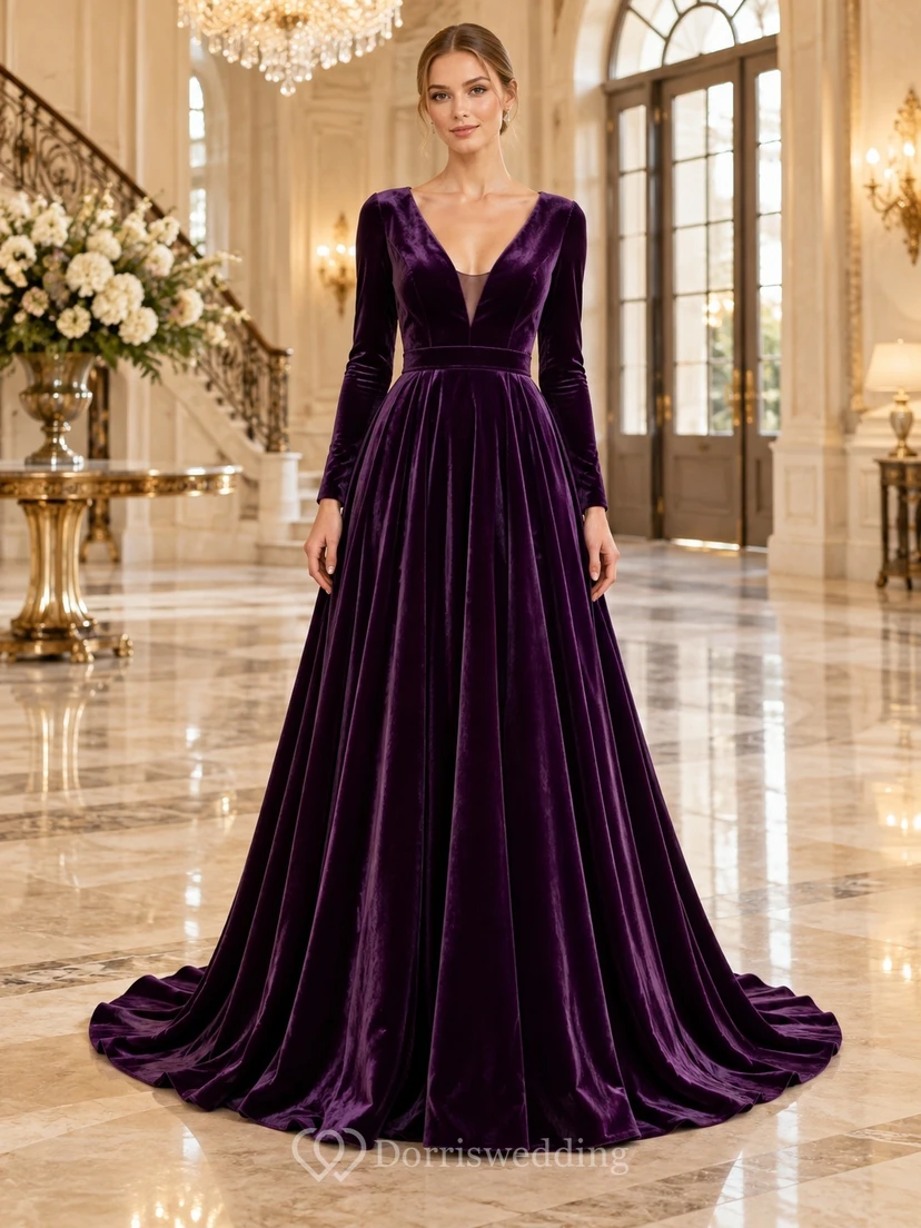 Long Sleeve Grape V-neck Velvet Full Skirt Formal Evening Dress