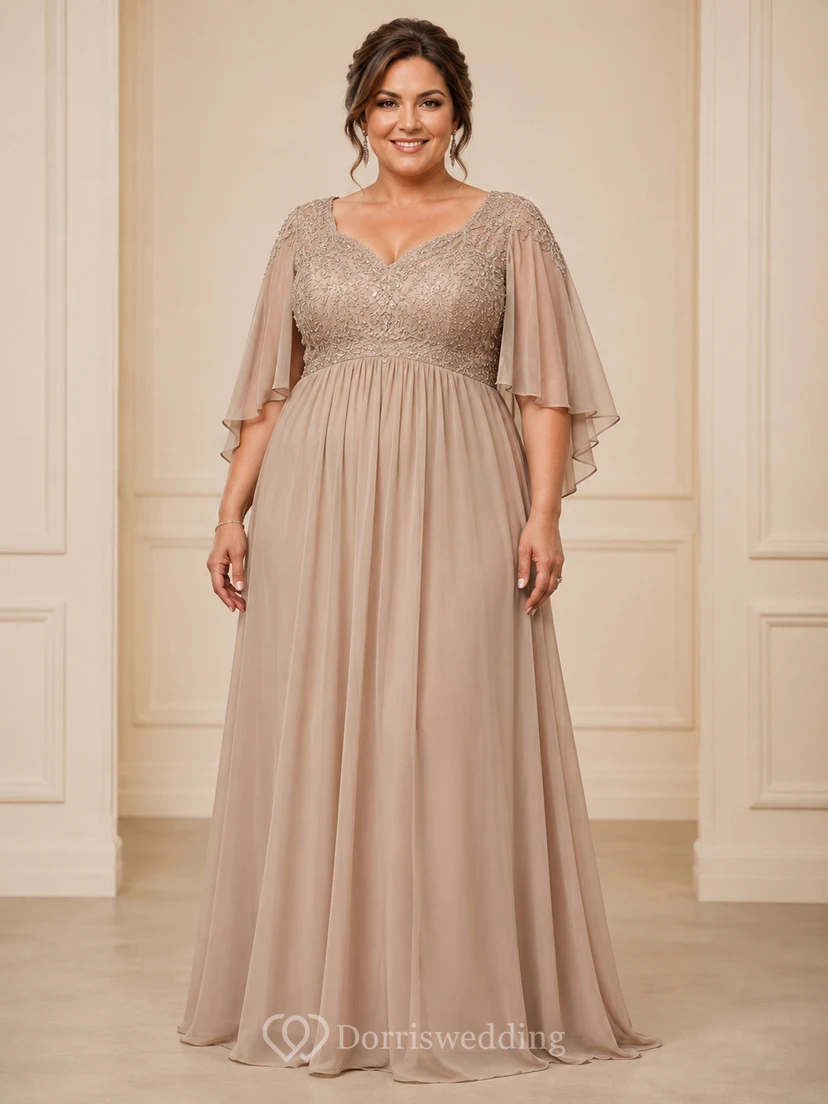 Vestido de gasa de manga corta con escote en V y corte imperio, talla grande, para madres, con capa.