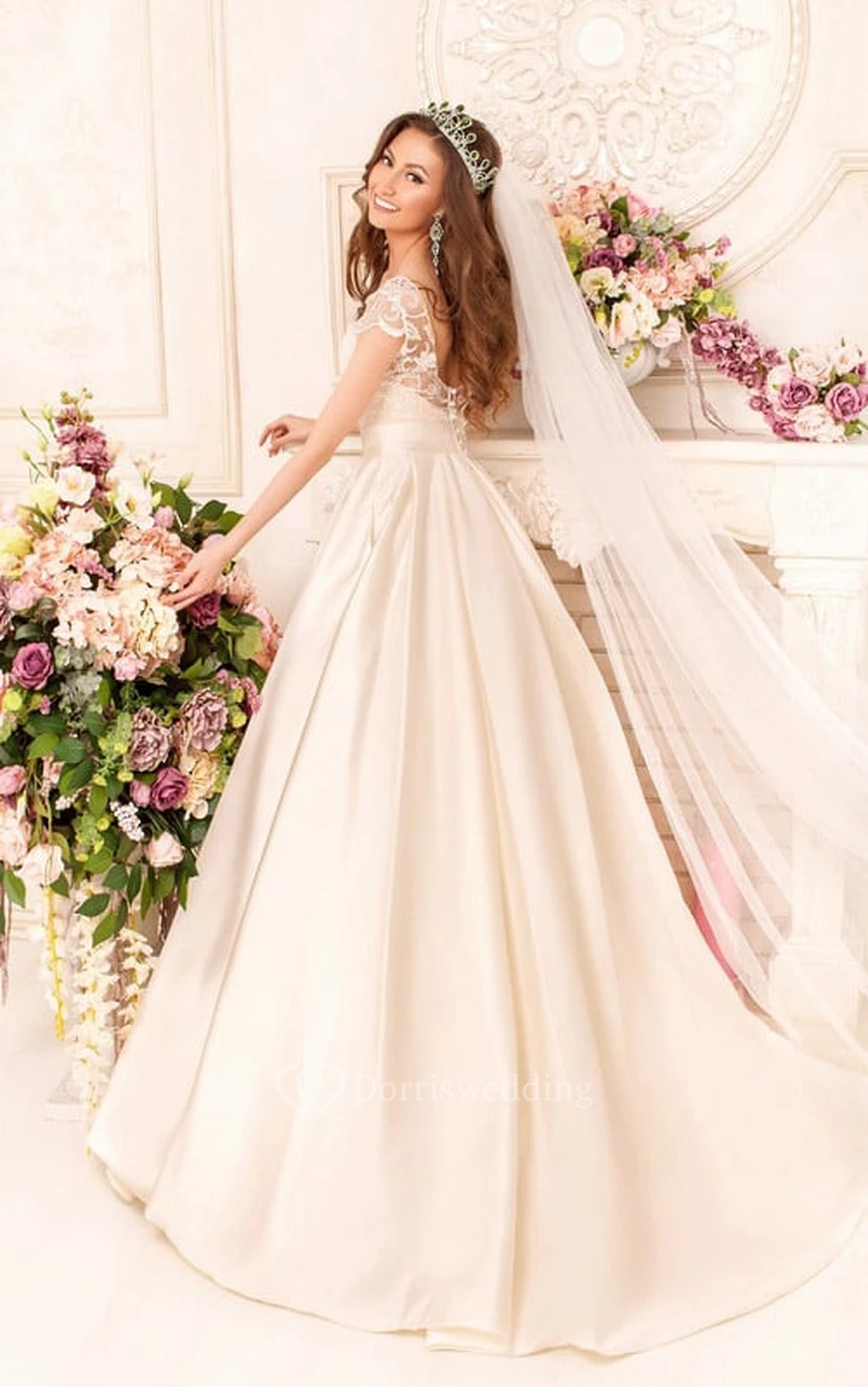 A-Line Floor-Length Scoop Short-Sleeve Low-V-Back Satin Dress With Lace view 2