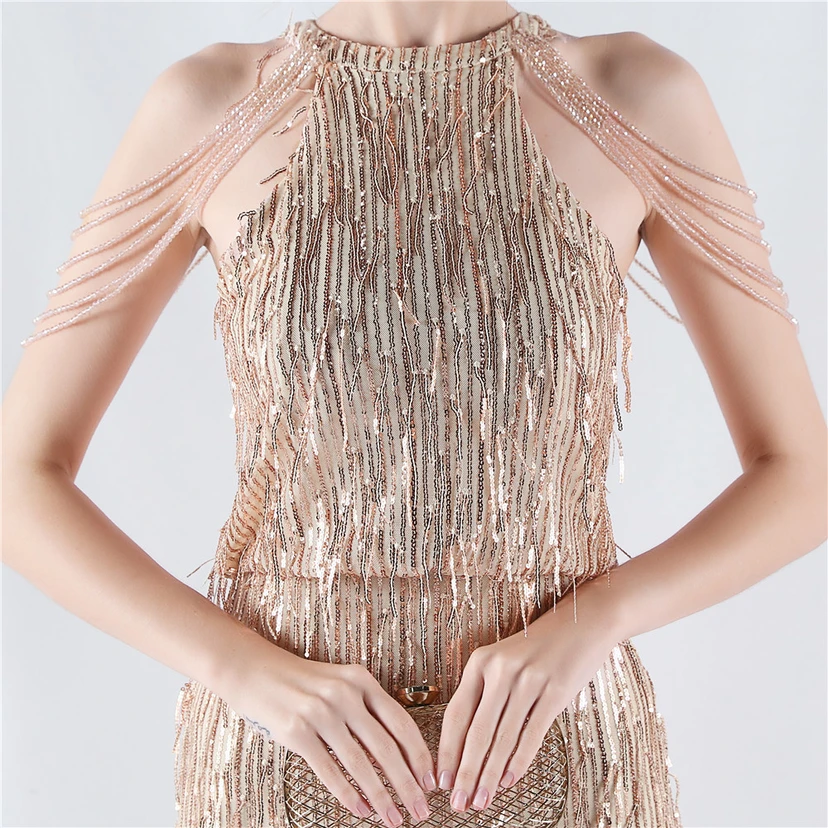 Tassel Sequined Halter Neck Beaded Sexy Hip-Wrapped Nightclub Short Dress view 8