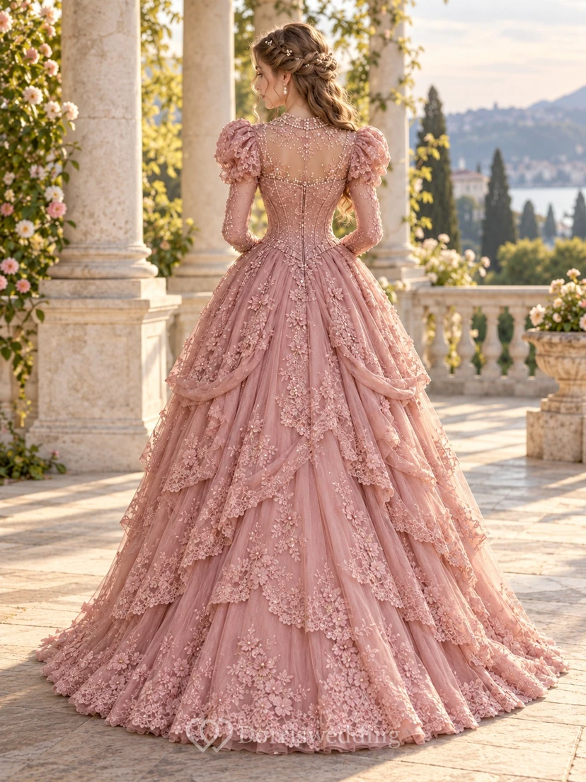 Victorian Dusty Rose High Neck Puff Sleeve Lace Ball Gown view 2