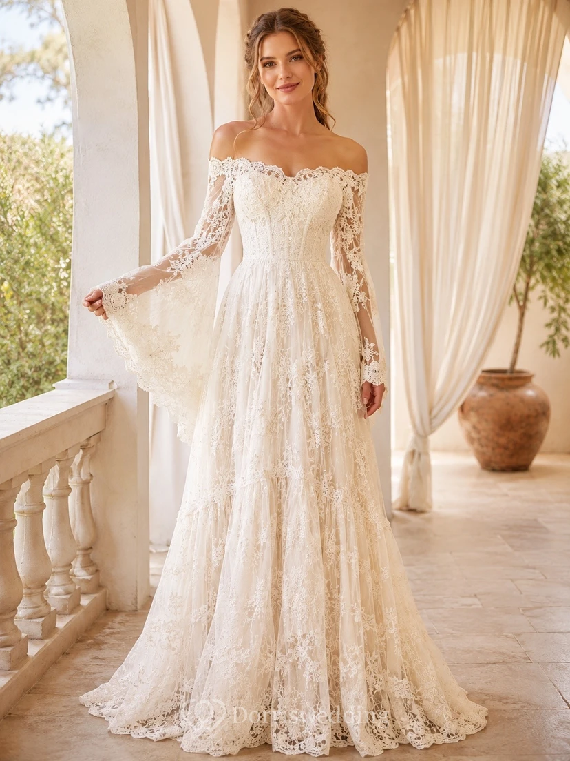 Vestido de novia romántico de encaje con hombros descubiertos, mangas acampanadas, corte en A y cola larga.