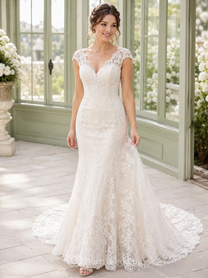 Robe de mariée sirène à col V profond en dentelle, manches courtes et traîne chapelle, petite taille