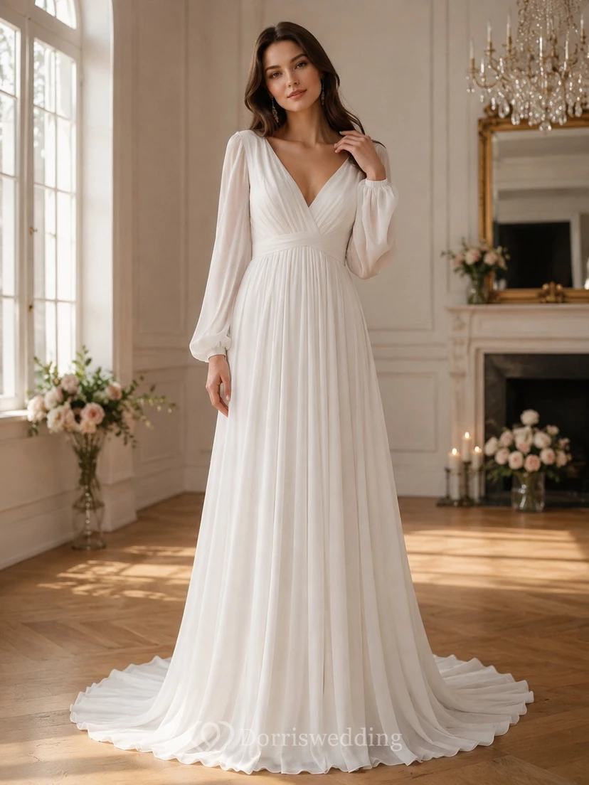 Empire Puff Long Sleeve Ruched A-line Wedding Dress