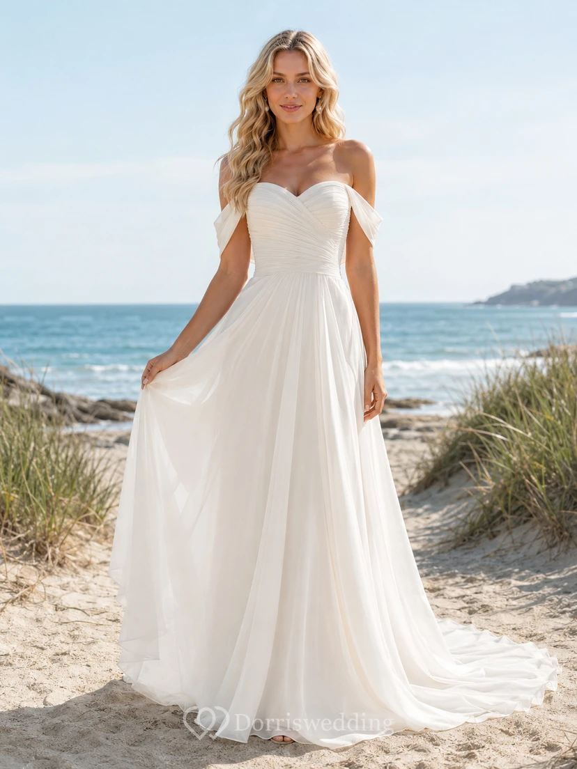 Chiffon Wedding Dress A-Line Off Shoulder Sweep Train Bridal Gown