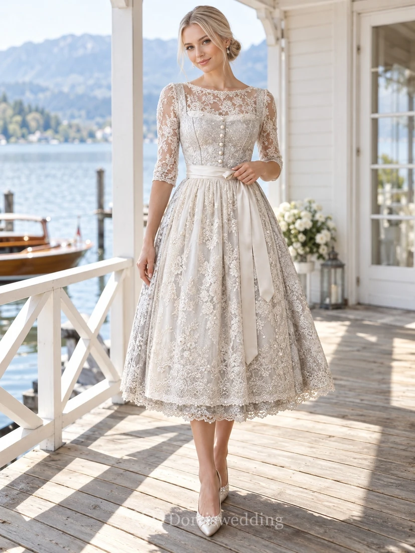 Tea-length Modest Country Jewel Neck Lace Sleeve Dirndl Wedding Dress