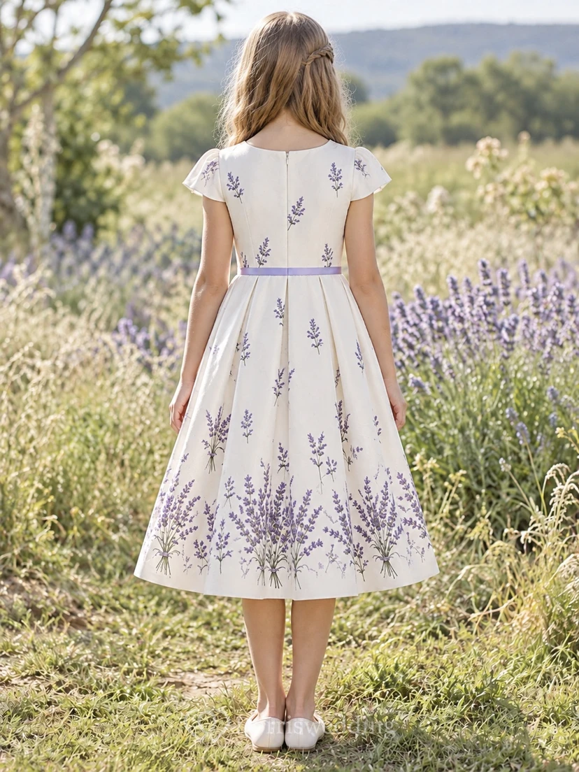 Country Tea-length Cream Floral V-neck Cap Sleeve Cotton Flower Girl Dress view 2