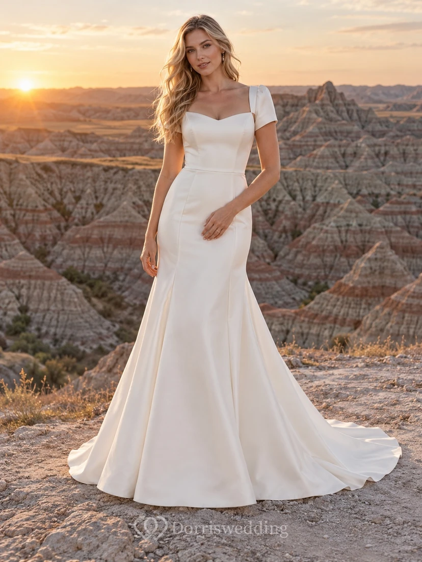 Vestido de novia sencillo de corte sirena, escote corazón, manga corta, satén mate liso y ajustado.