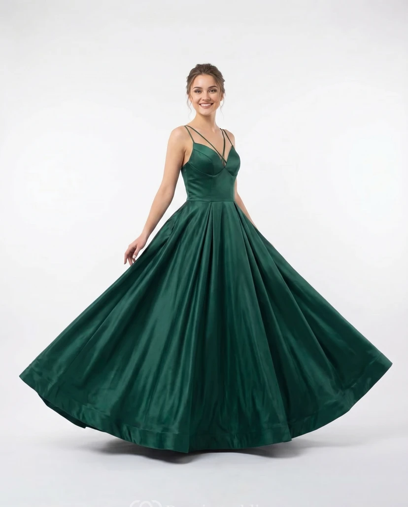 Vestido de fiesta de satén verde oscuro con escote en V y corte en A, tirantes finos.