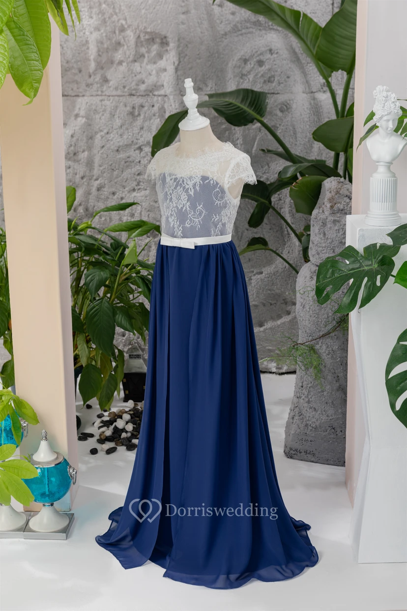 Lace Scoop-neck Cap Two-Tone Dark Blue Flowergirl Dress view 6