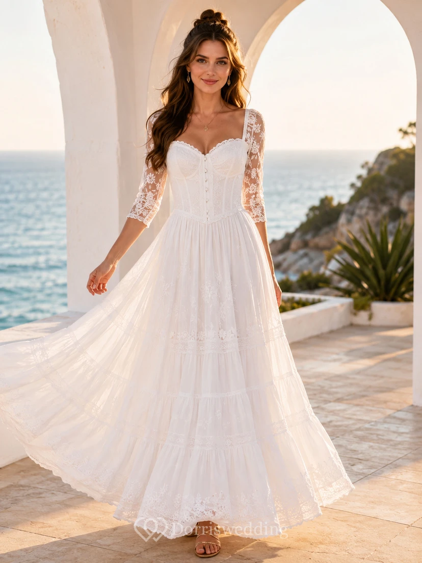 Romantic Lace Sleeve Beach Wedding A Line Floor Length Sweetheart Corset Dress