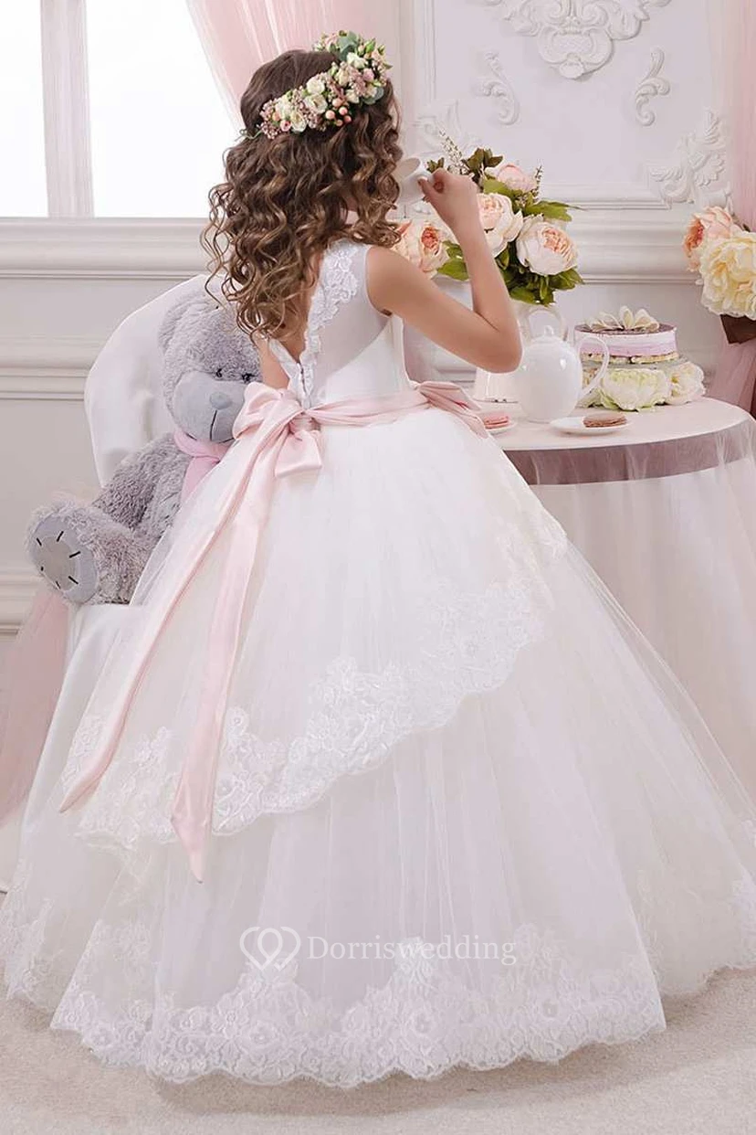Ball Gown Floor-length High Neck Sleeveless Tulle Dress with Bow view 2