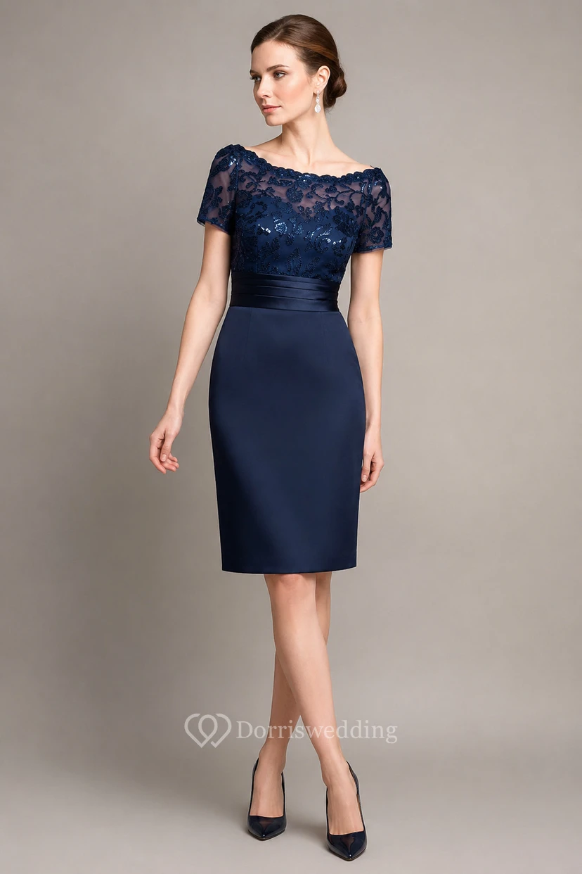 Short-Sleeved Knee-Length Mother Of The Bride Dress With Sequins And Illusion Style view 6