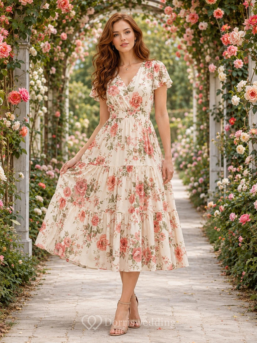 Cream floral V-neck flutter sleeve A-line midi dress