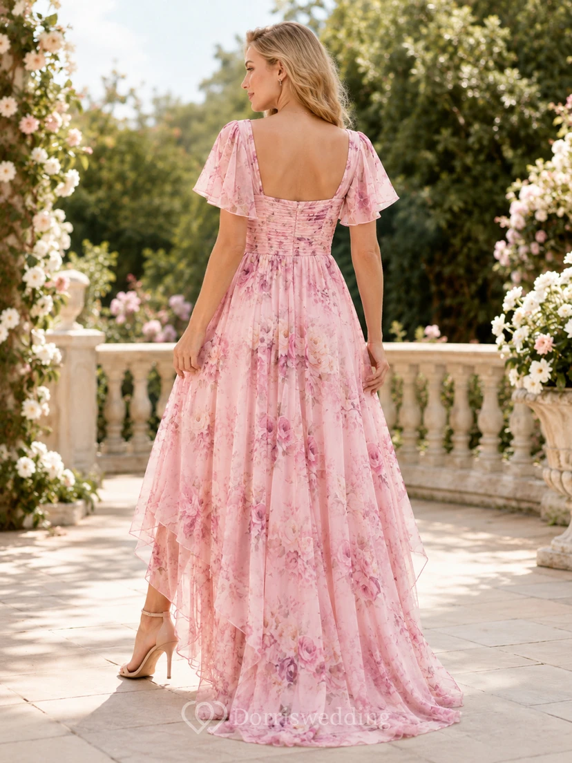 Pink Floral High Low Ruffle Occasion Maxi Dress view 2