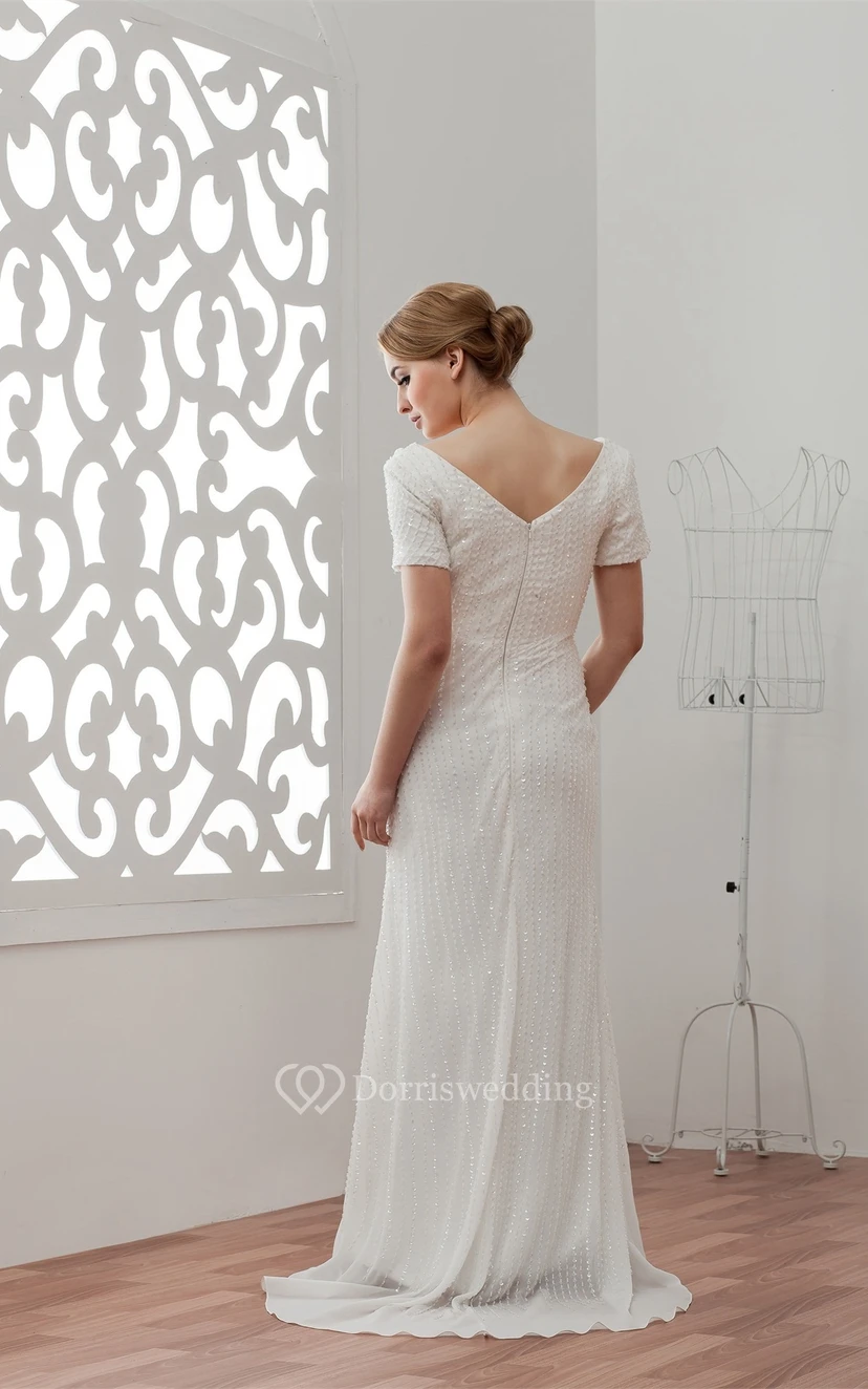 Mini-Sleeve Sheath V-Neck Sweep Train and Dress With Beading view 9