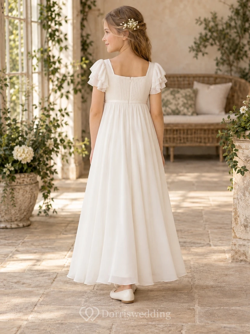 Square Neck Ivory Petal Sleeve Pleated Georgette A-line Flower Girl Dress view 2