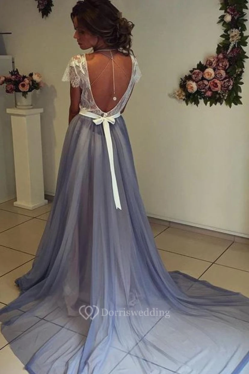A-Line Chiffon Lace Jewel Short Sleeve Low-V Back Dress view 2