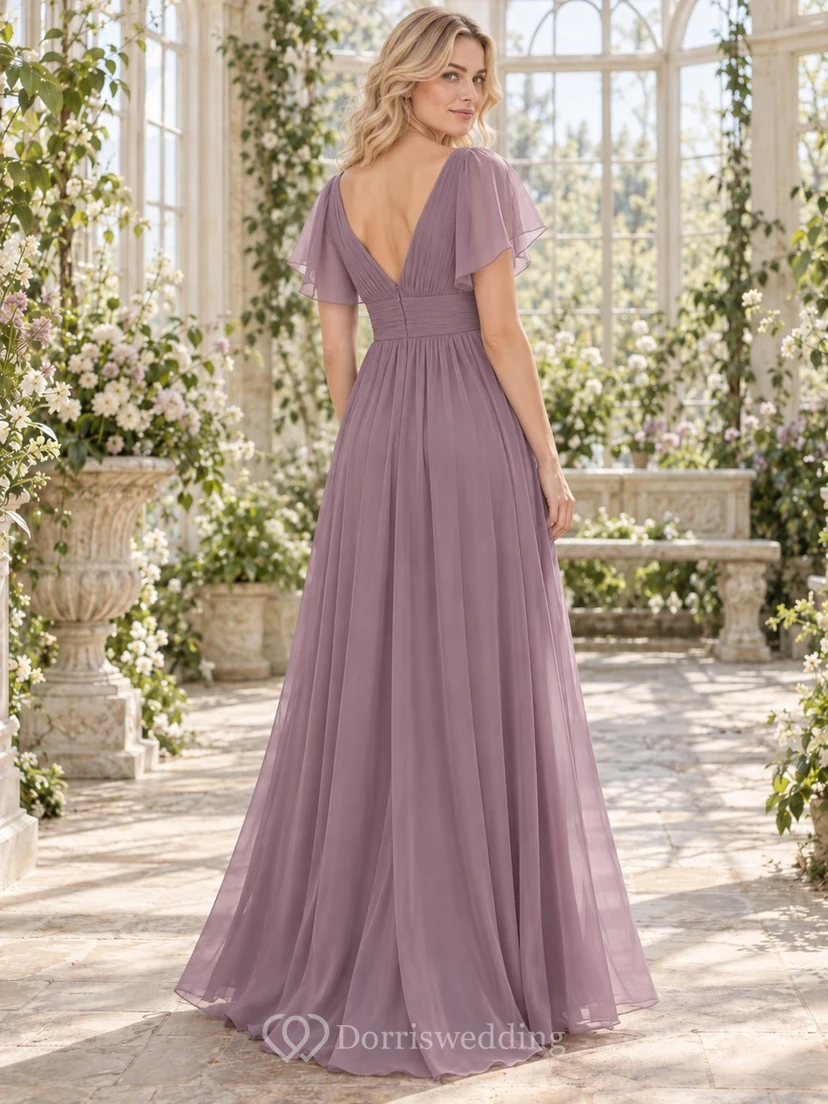 Vestido de dama de honor de gasa con escote en V, mangas con volantes y corte en A, color malva estilo Regencia view 2
