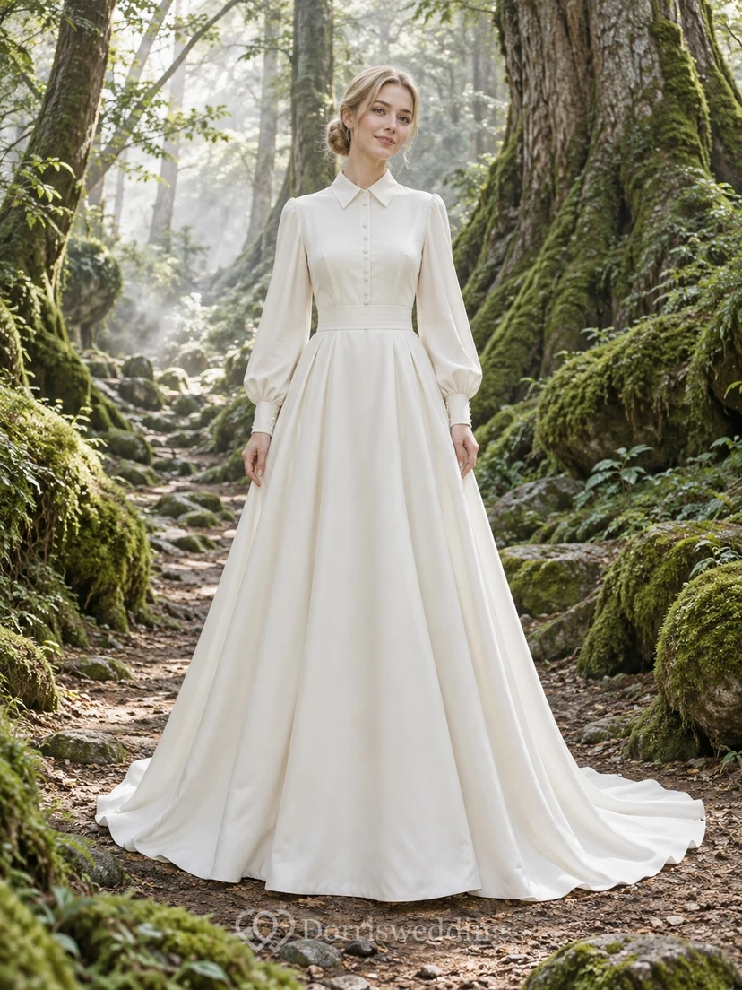 Schlichtes, dezentes Brautkleid in A-Linie mit Kragen, langen Ärmeln und Knöpfen