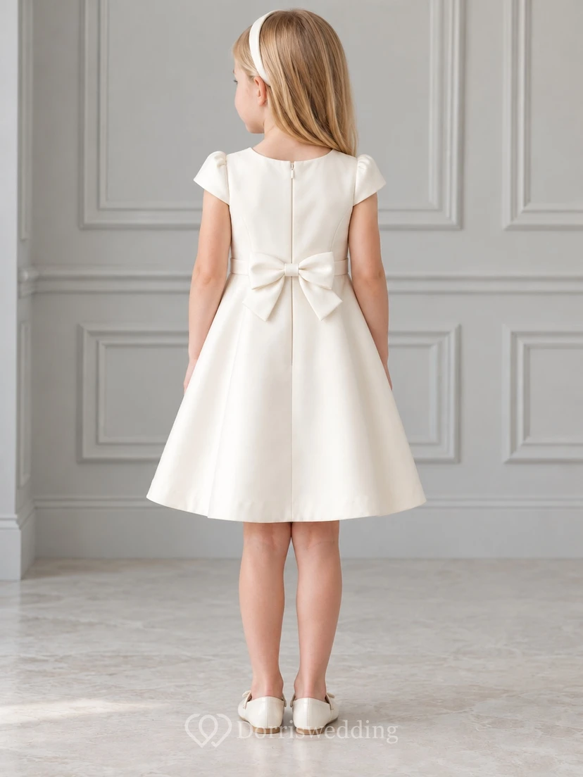 Modest Simple Cream Knee Length Cap Sleeve Pleated Satin Long Tail Bow Flower Girl Dress