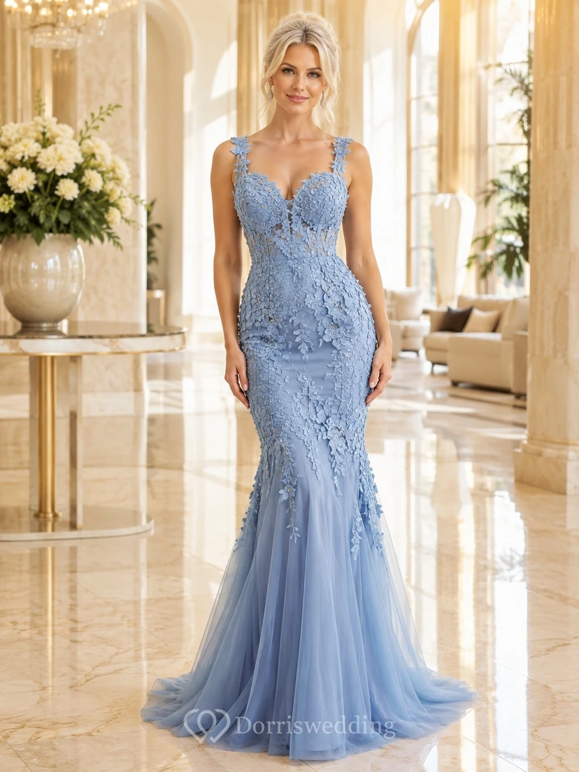Vestido de noche de sirena sin mangas con escote en V y encaje floral azul cielo
