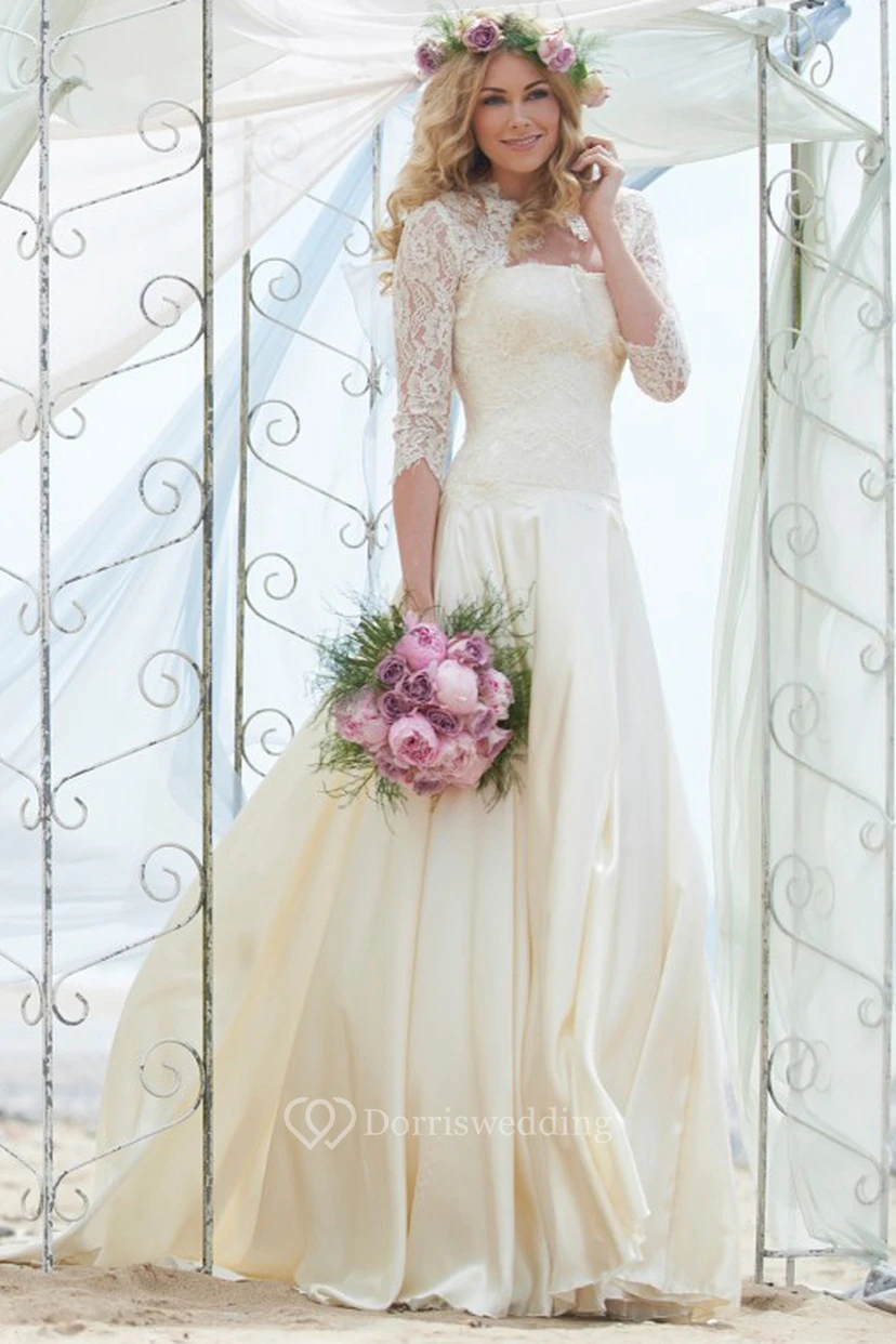A-Line 3-4-Sleeve Floor-Length Strapless Chiffon Modest Wedding Dress With Lace And Illusion