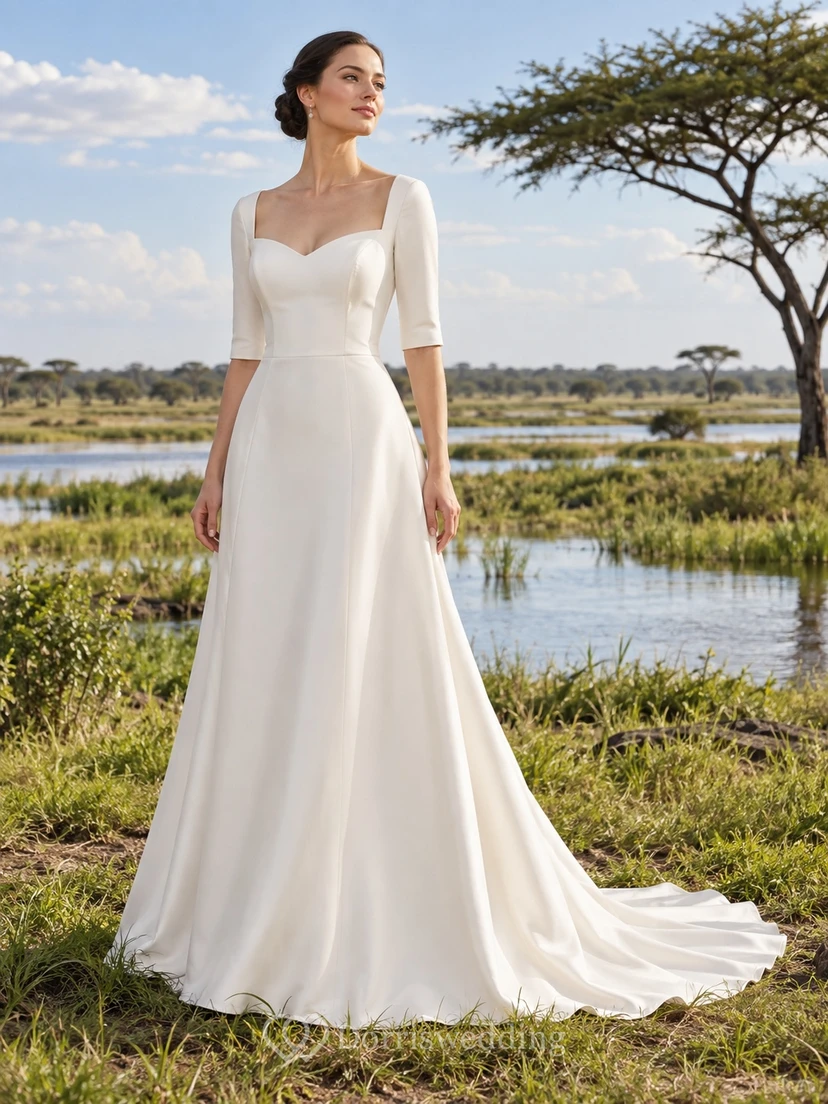 Vestido de novia sencillo de satén con escote corazón, manga corta y corpiño liso.