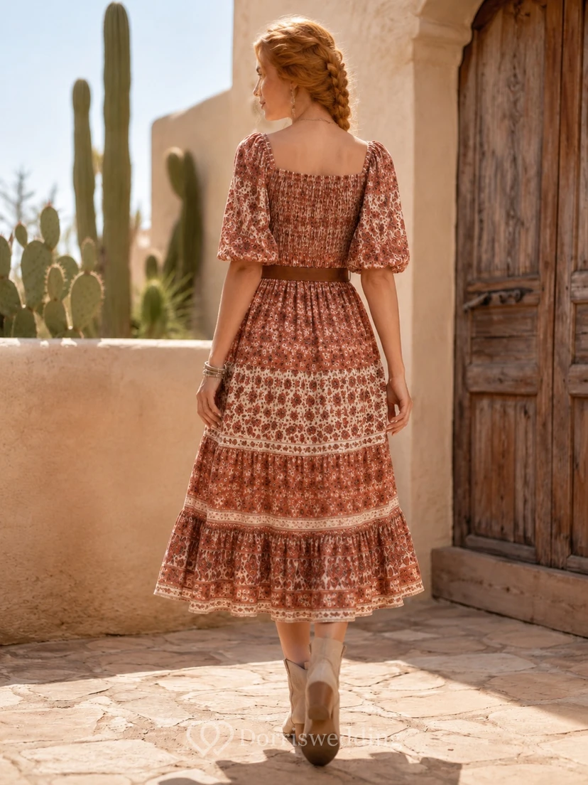 Rust Floral Square Neck Puff Sleeve Tiered A-Line Ankle-Length Bohemian Western Dress view 2