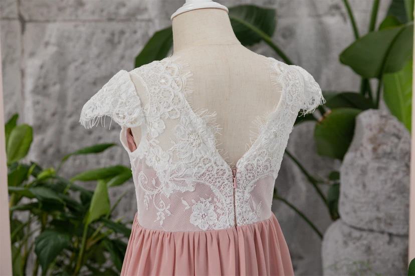 Lace Cap White and Coral Empire Chiffon Floor-length Flowergirl Dress view 10