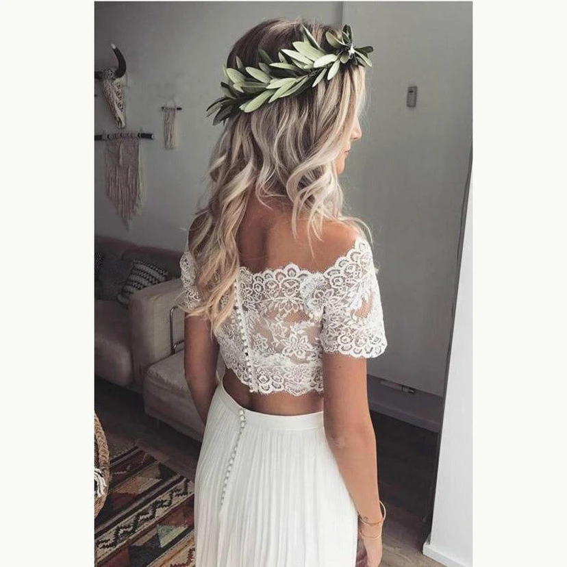 Two Piece Casual Off-the-shoulder Chiffon Wedding Dress with Lace Top view 2