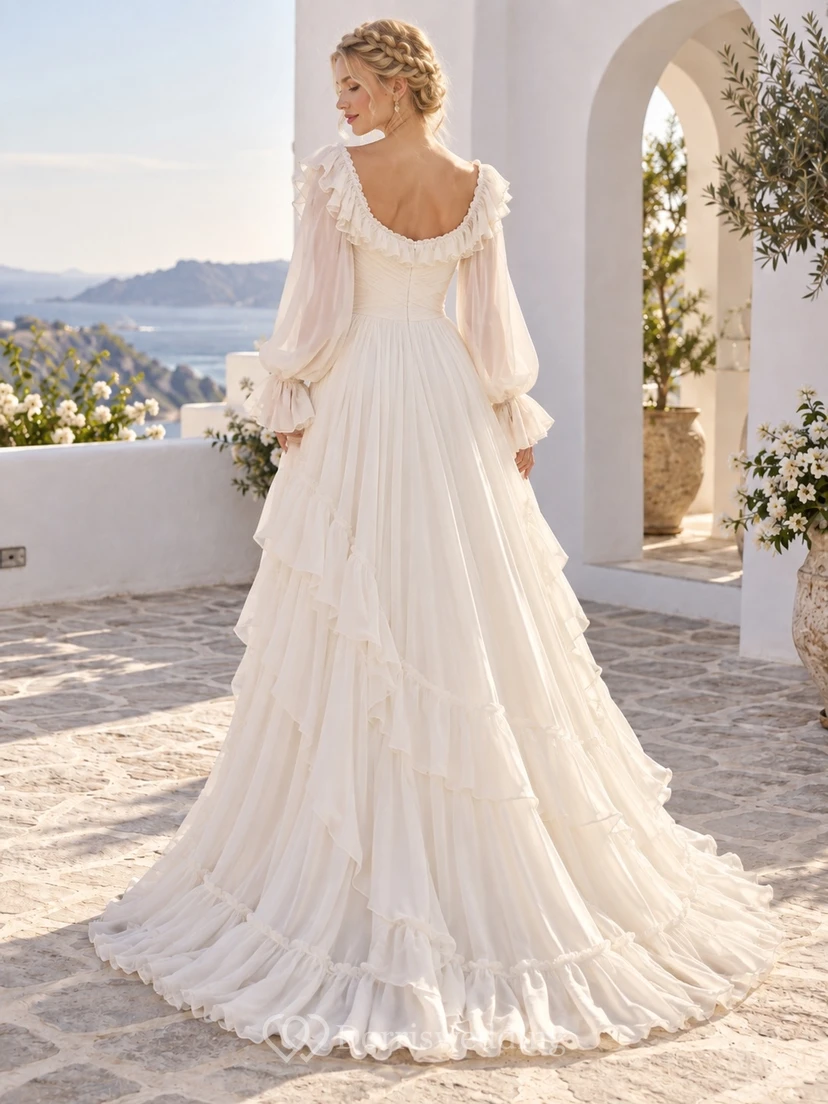 Schulterfreies Brautkleid mit Bischofsärmeln, fließenden Rüschen und A-Linien-Schnitt view 2
