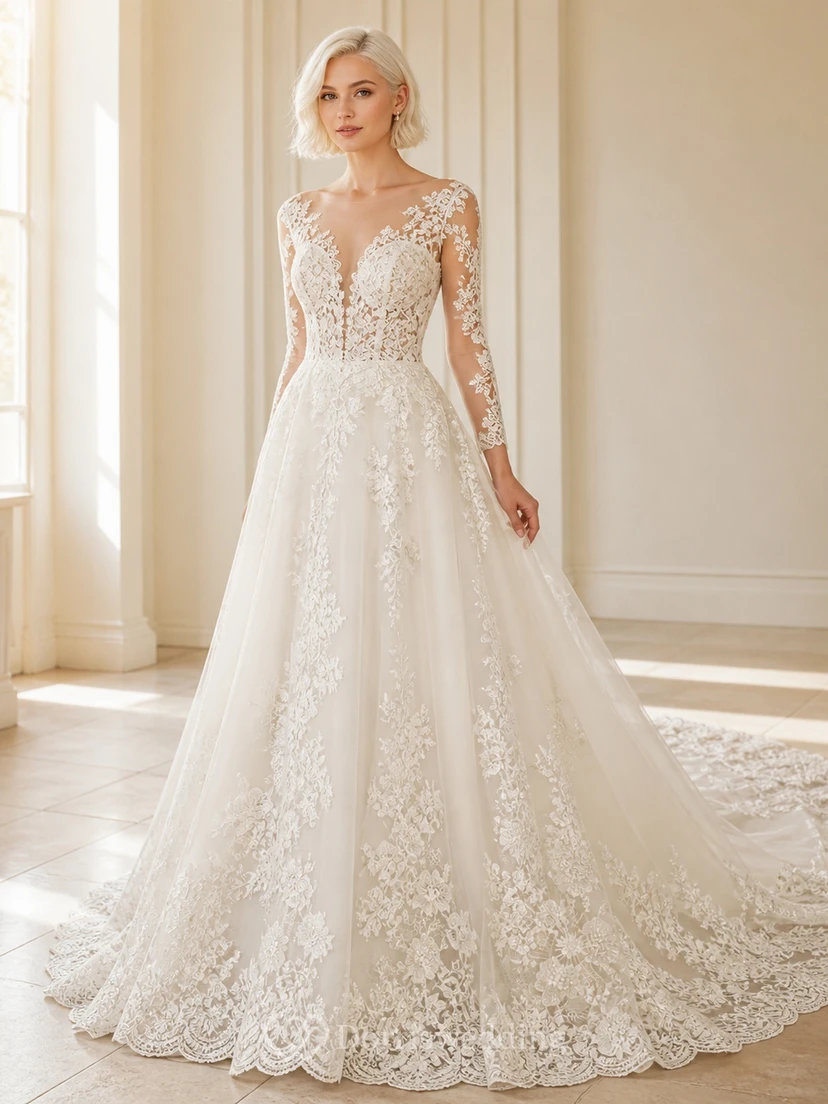 Vestido de novia romántico de encaje con escote en V y mangas largas, corte en A, estilo catedral.