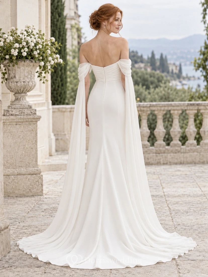 Simple Off Shoulder Sweetheart Sheath Short Sleeve Draped Crepe Floor Length Wedding Dress view 2