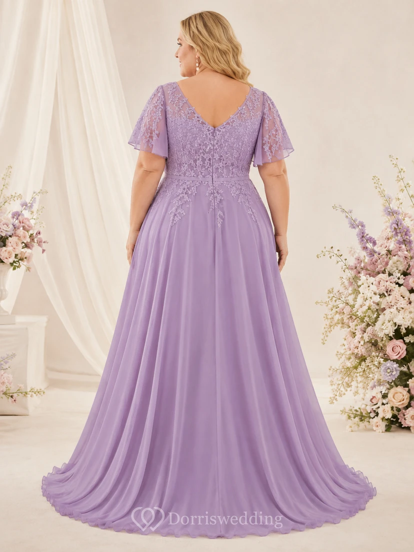 Lavender Plus Size V-Neck Flutter Sleeve Chiffon Wedding Dress view 2