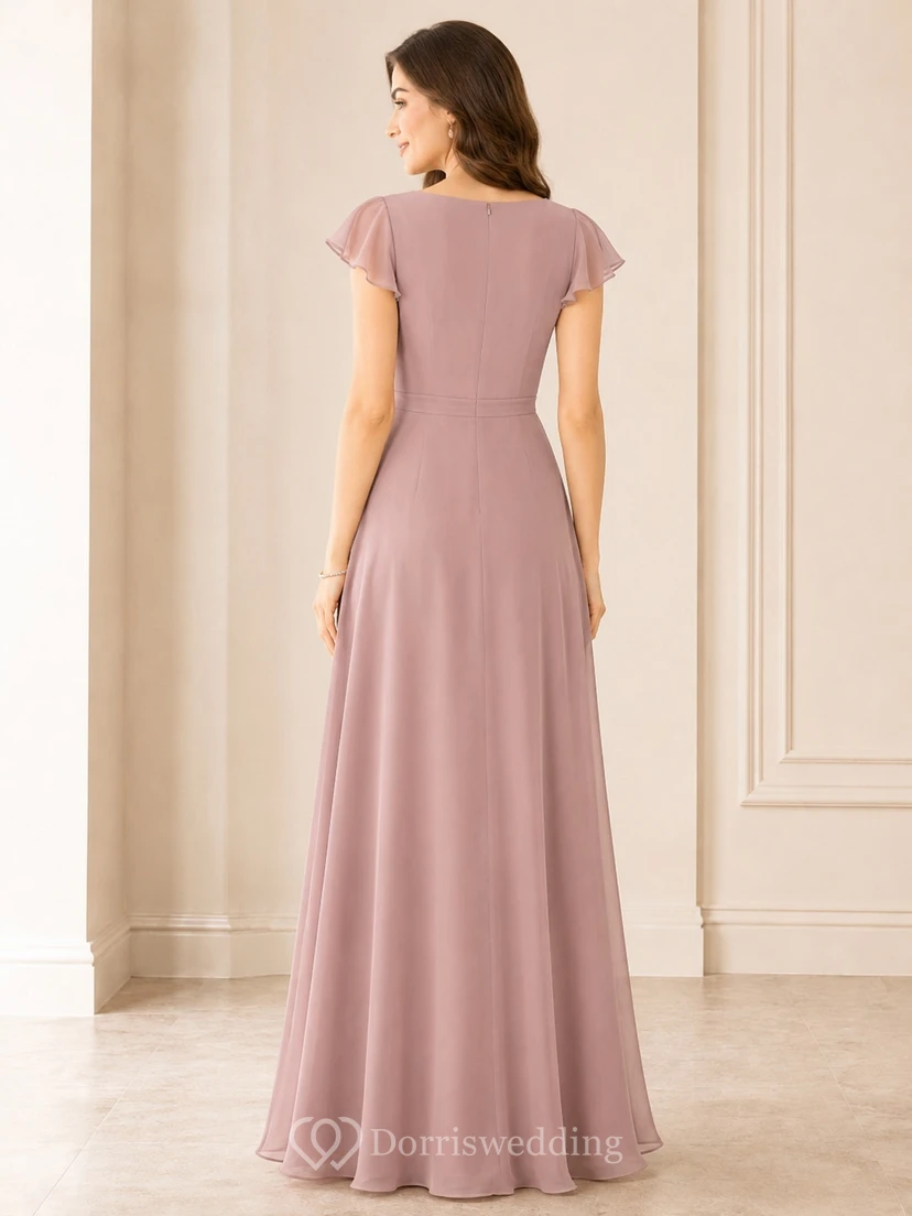Dusty Rose Wrap Front V-Neck A-Line Floor-Length Chiffon Evening Gown view 2