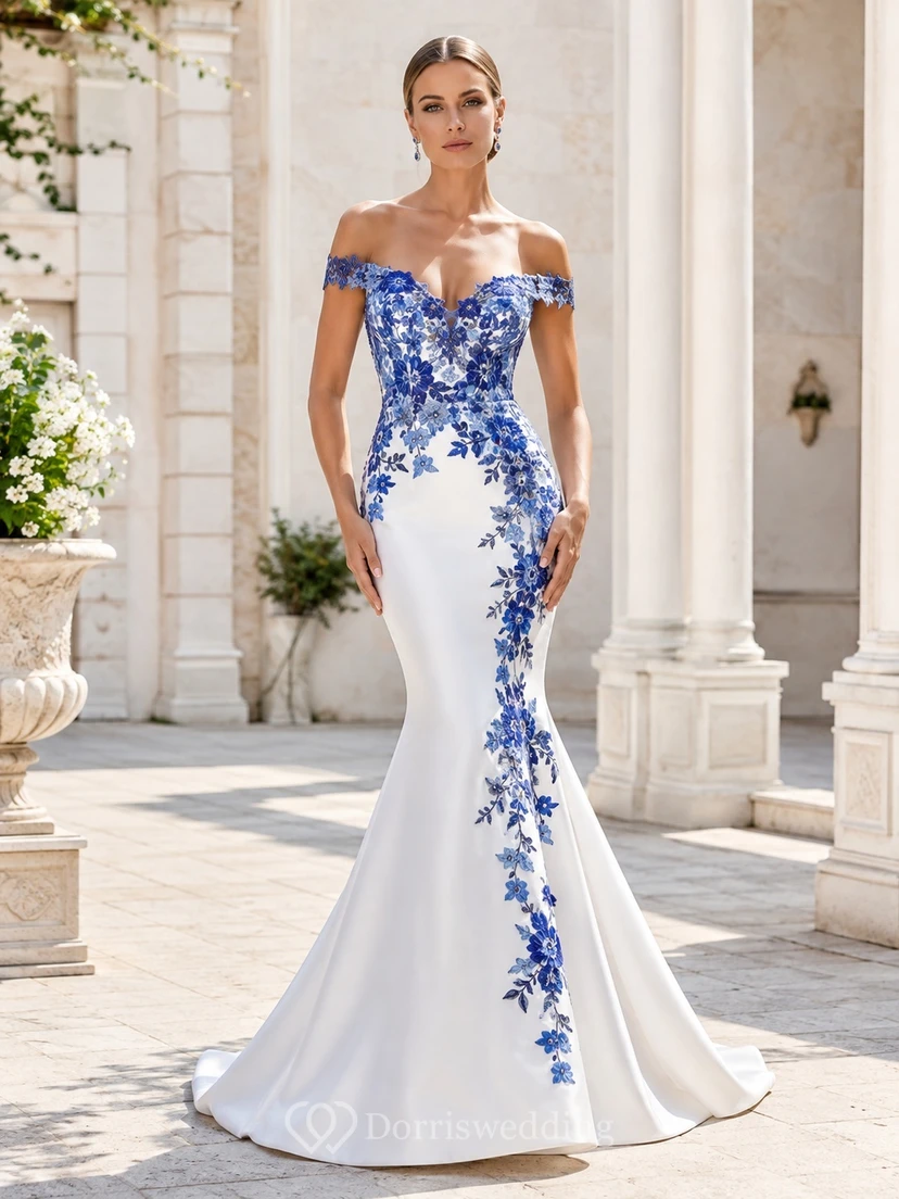Himmelblaues, kobaltblaues Meerjungfrauen-Brautkleid aus Satin mit schulterfreiem Ausschnitt und kurzen Ärmeln