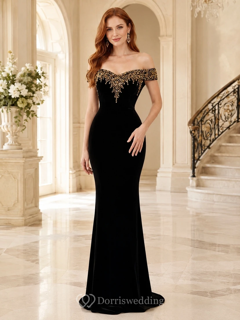 Black Off Shoulder Velvet Beaded Mermaid Sweep Train Evening Gown