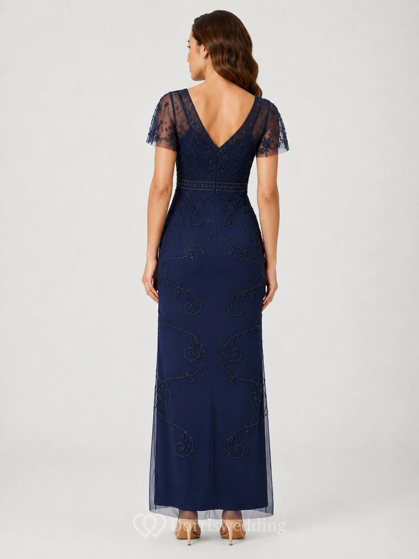 Dark Navy Beaded Illusion Sleeve Sheath Evening Gown view 2