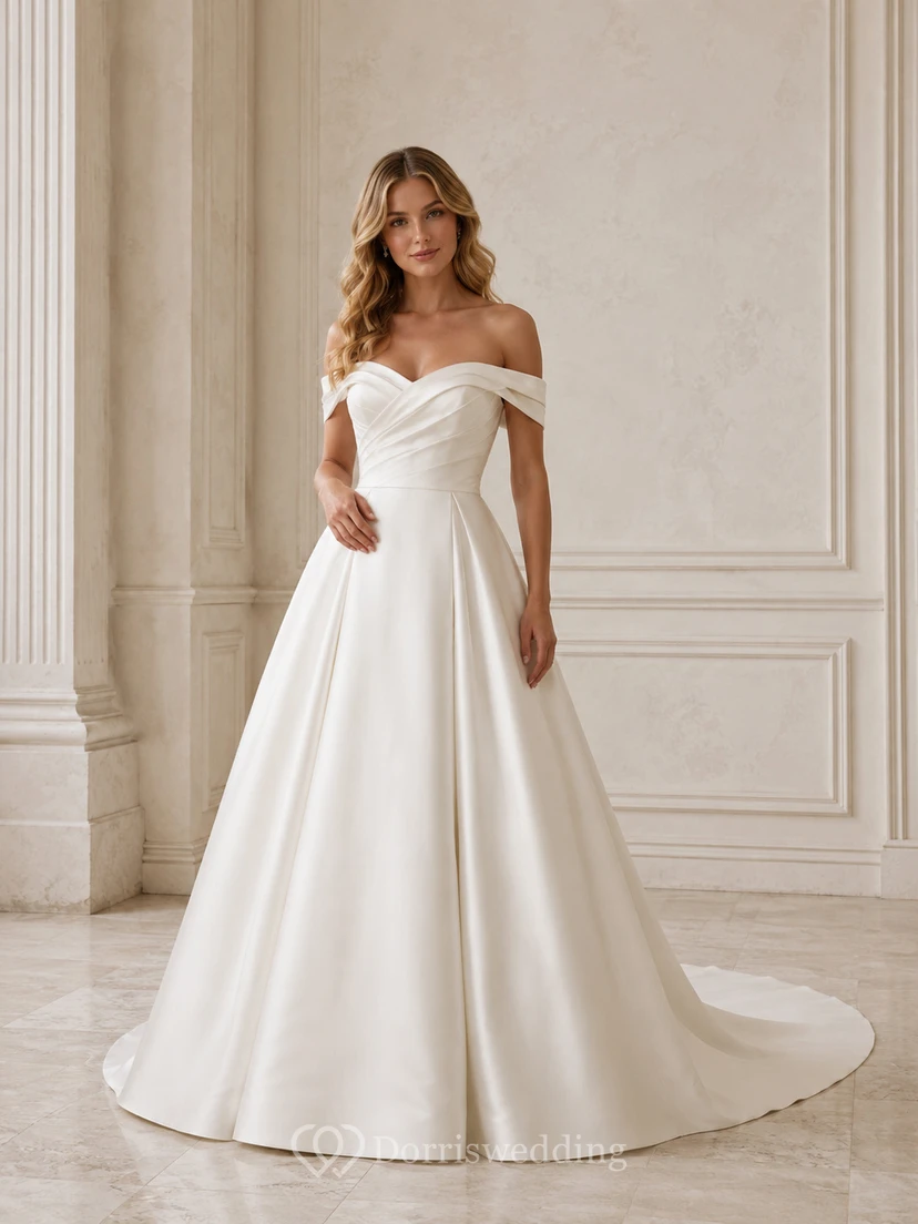 Minimalist Satin Wedding Dress A-Line Off Shoulder Court Train Low V Back Bridal Gown