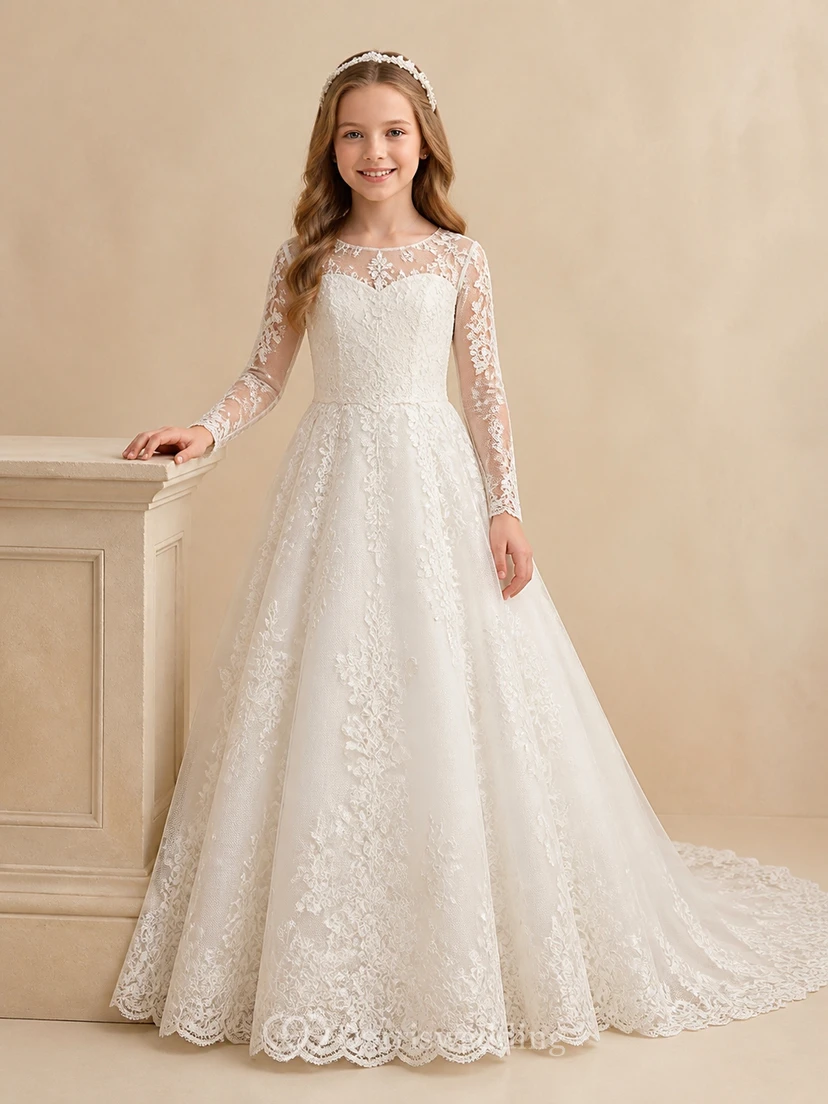 Modest Junior Bridesmaid Floor-length A-Line Scoop Long Sleeve Chapel Train Dress