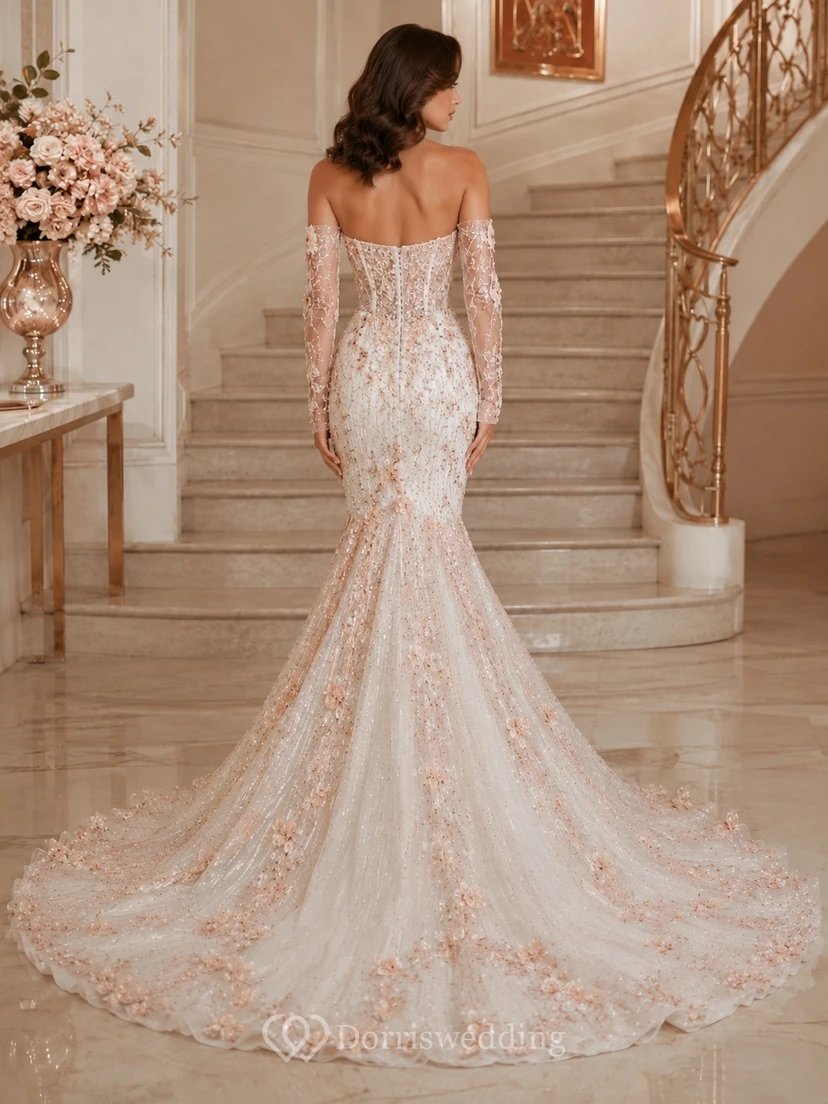 Brautkleid im Meerjungfrauen-/Trompetenstil mit roségoldener Spitze, schulterfrei, langen Ärmeln und bodenlanger Schleppe – ein luxuriöses Abendkleid view 2