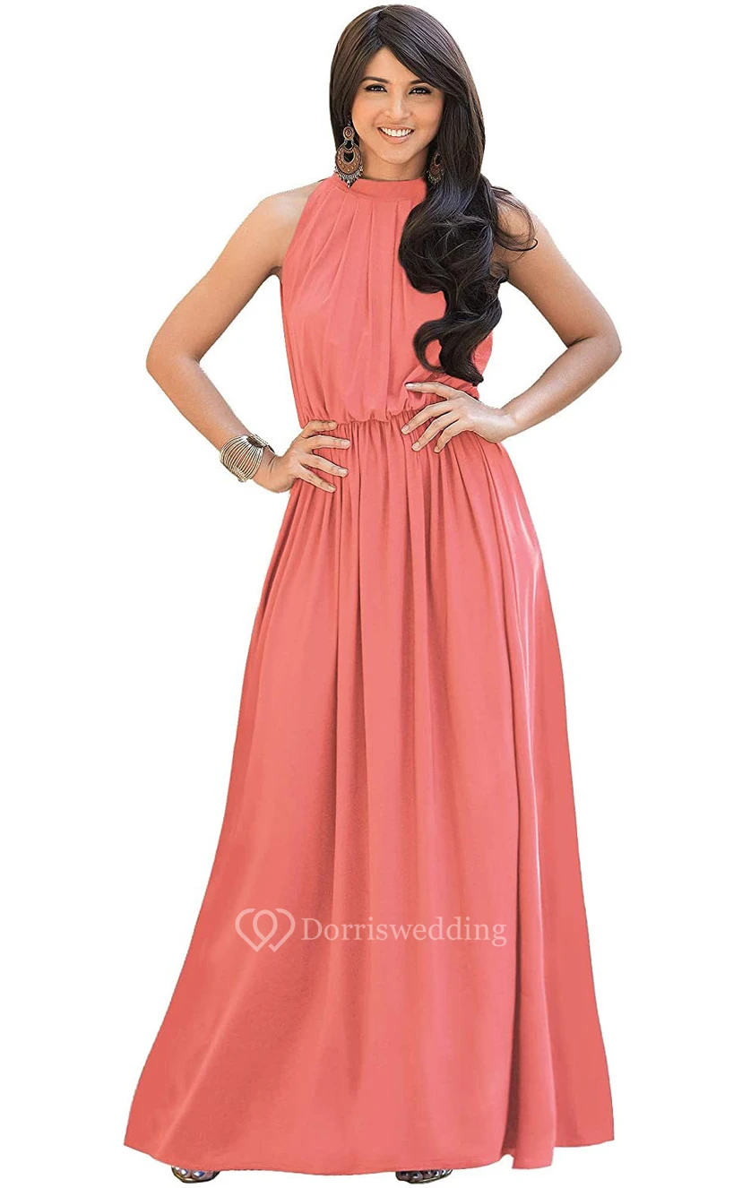 Einfaches Chiffon-Abendkleid in A-Linie mit Neckholder und Raffungen, hohem Kragen und Neckholder view 19