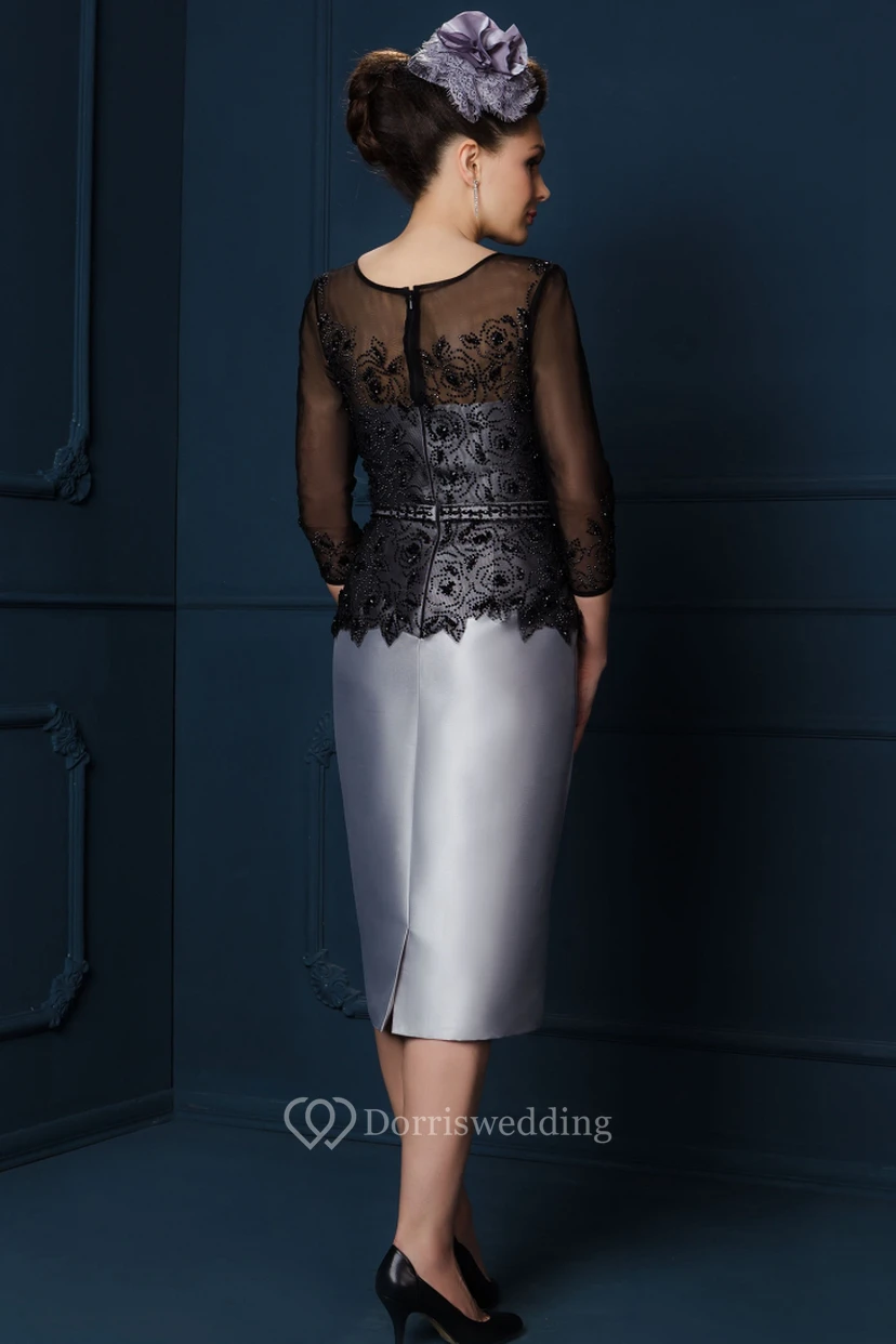 Pencil Knee-Length Appliqued Illusion Sleeve Square Neck Satin Mother Of The Bride Dress view 2