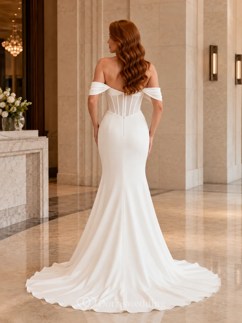 Minimalist Satin Wedding Dress Mermaid Off Shoulder Sweep Train Bridal Gown view 2